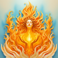 A serene figure with flowing flames surrounds her, embodying inner strength and the concept of controlling one's inner fire, radiating warmth and energy against a soft blue background.