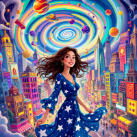 A woman in a starry dress stands in a vibrant cityscape, surrounded by swirling galaxies and colorful planets, embodying the quote's essence of madness, chaos, and beauty.