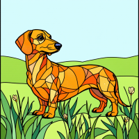 A colorful, geometric illustration of a dachshund standing in a grassy field under a blue sky, capturing the essence of feeling out of place, as echoed in the quote about being a half-blood.