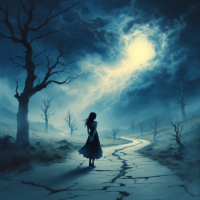 A solitary figure in a flowing dress stands on a winding path under a stormy sky, embodying the search for something lost amid barren trees and dramatic lighting.