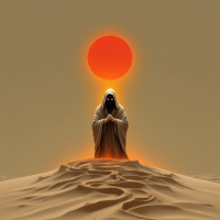 A cloaked figure stands alone on a sandy dune, silhouetted against a glowing red sun, embodying themes of pain and suffering intertwined with deep intelligence and emotion.