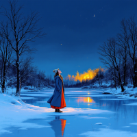 A solitary figure in a blue coat stands on a frozen river, gazing up at a starry sky, with warm light illuminating distant trees, embodying resilience amidst a winter landscape.