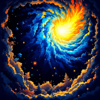 A swirling galaxy filled with vibrant blues and fiery oranges radiates a bright light, surrounded by dark clouds and stars, embodying the quote about light and shadow.