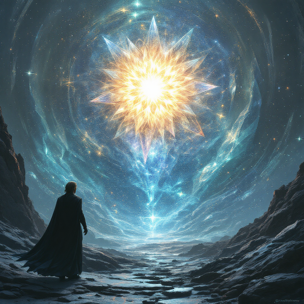 A figure in a dark cloak stands on a rocky landscape, gazing upward at a brilliant, radiant starburst, evoking the force of a living planet in a cosmic scene.