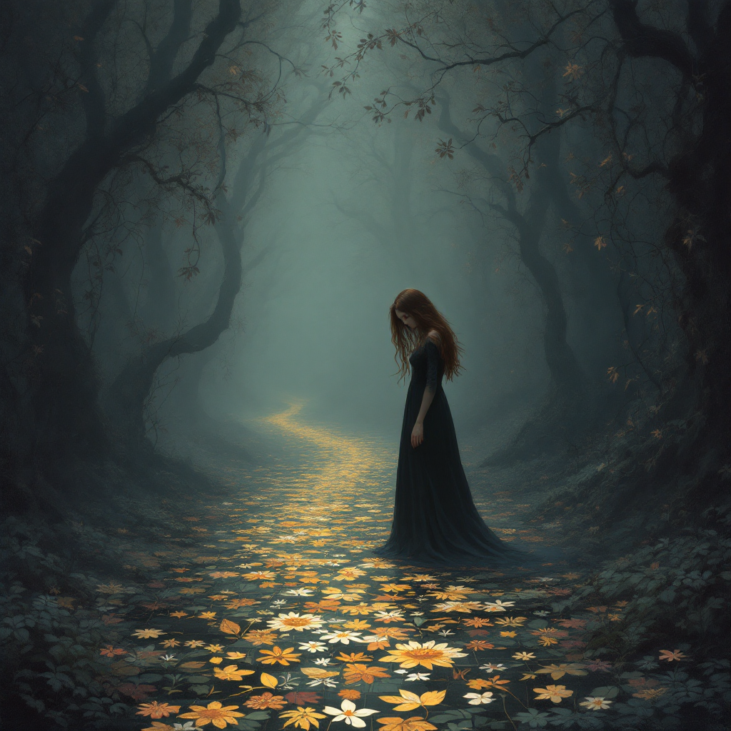 A solitary figure in a flowing black dress stands on a flower-strewn path, surrounded by dark trees, embodying the bittersweet sentiment of unspoken love and regret.