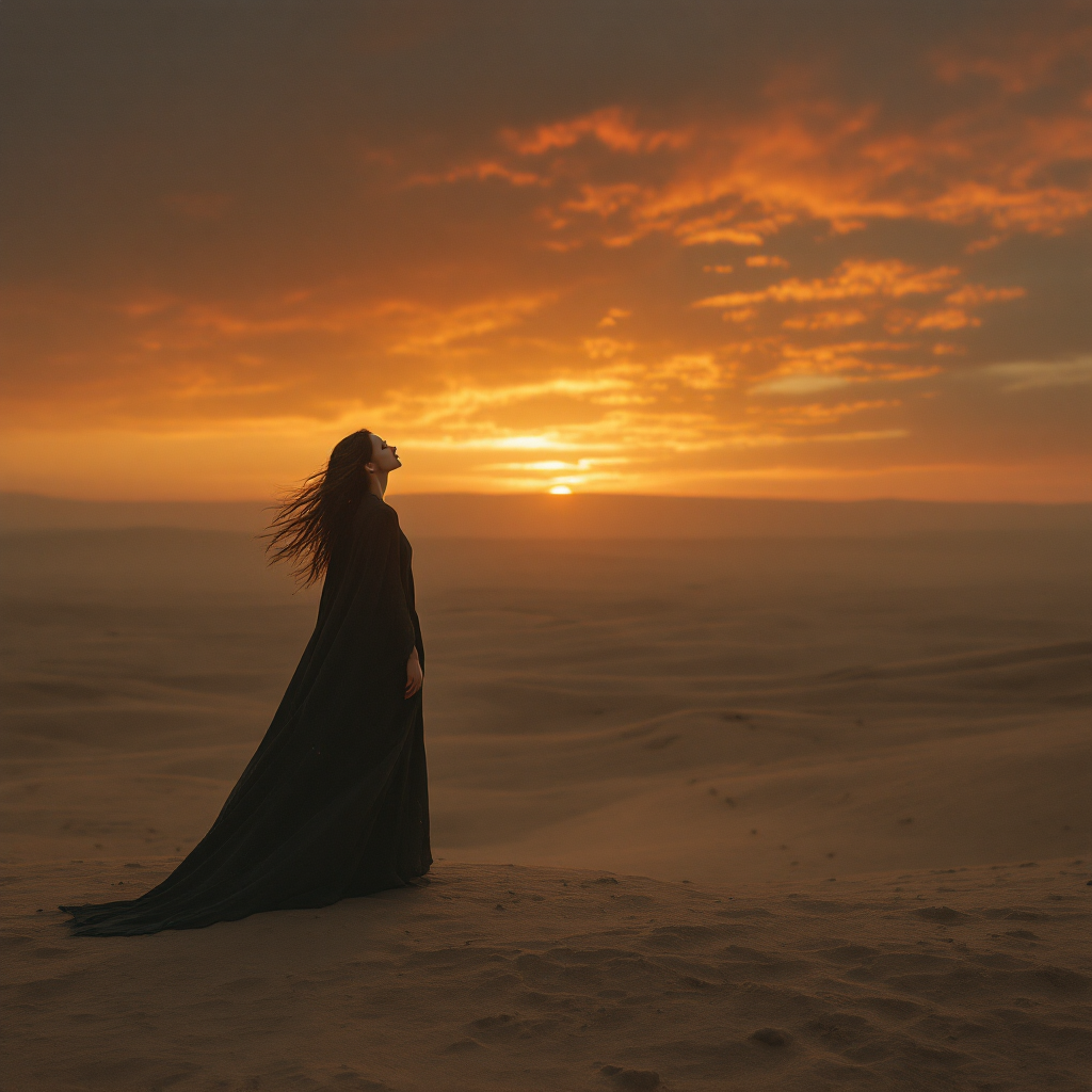 A figure in a flowing black cloak stands on a sandy landscape, gazing at a vibrant sunset, embodying the idea that there are only happy journeys, not happy endings.