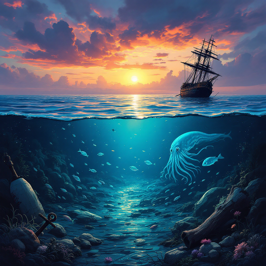 A serene sunset over the sea, revealing a vibrant underwater world with a majestic ship above, mysterious creatures, and ocean treasures, embodying the quote's intrigue about the sea's wonders.