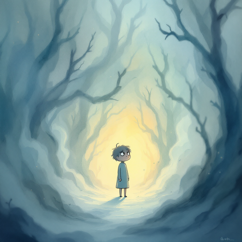 A child stands alone in a foggy forest, surrounded by twisted trees. A warm glow emanates from the center, embodying the illusion of the past as a dreamlike, uncertain journey.