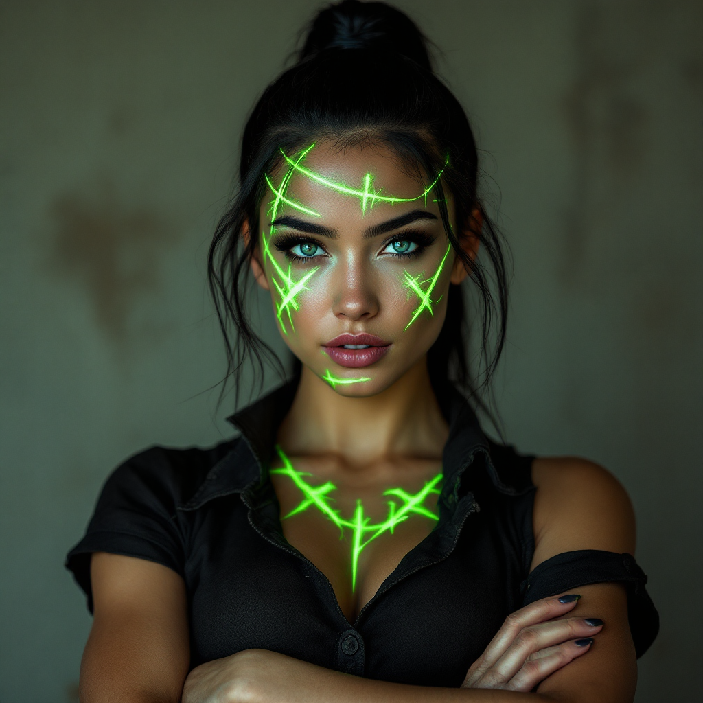 A woman with striking green facial markings stands confidently, embodying strength and resilience, reminiscent of the quote about wearing scars as armor from battles fought and won.