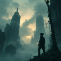 A figure stands silhouetted against towering, mist-covered skyscrapers, as a dramatic sky hints at an impending dawn, embodying the grandeur and ambition of the quote about making bold plans.