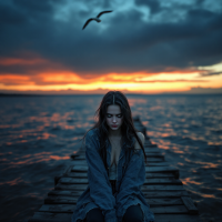 A young woman sits on a weathered dock at sunset, gazing thoughtfully at the water, embodying a journey of self-discovery and identity, as a bird flies in the distance.