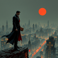 A solitary man in a dramatic cloak stands on a ledge overlooking a city at sunset, embodying the quote about wealth and the quest for companionship.