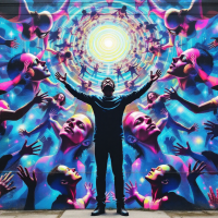 A person stands with arms outstretched before a vibrant mural depicting swirling figures, embodying the idea of embracing uncertainties for personal growth.