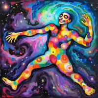 A colorful, abstract figure with a joyful expression stretches out against a cosmic backdrop, embodying the idea that we are all made of star stuff and connected in the universe.