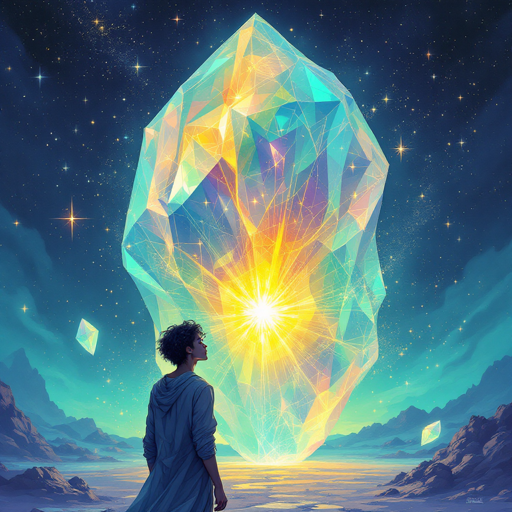 A figure stands before a massive, luminous diamond, surrounded by a starry night sky, symbolizing the transformative power of pressure and resilience.