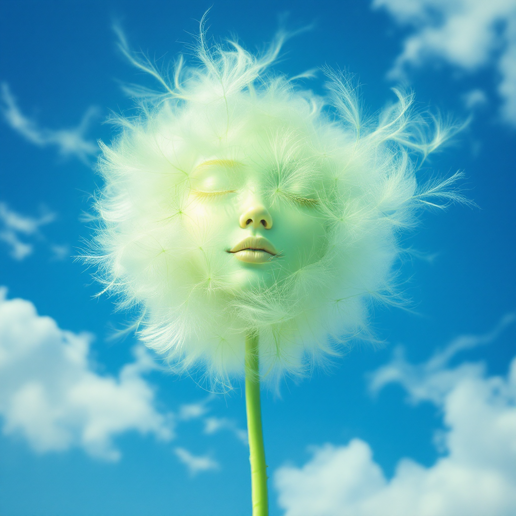 A whimsical figure resembling a dandelion fluff, with a serene face, stands against a bright blue sky, embodying the quote about being unburdened and stirred by the wind.