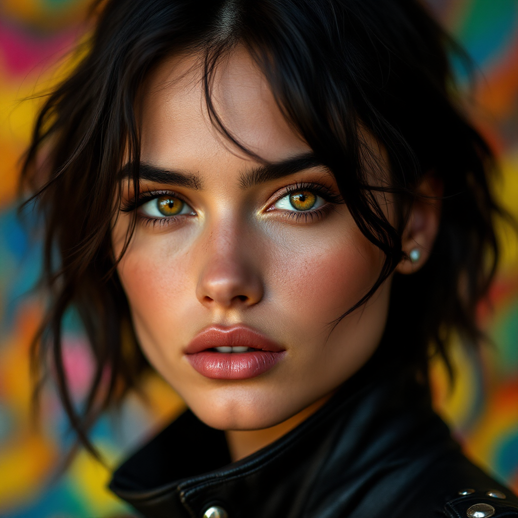 A close-up portrait of a young woman with striking green eyes and full lips, wearing a black leather jacket. The background features vibrant, colorful abstract patterns.