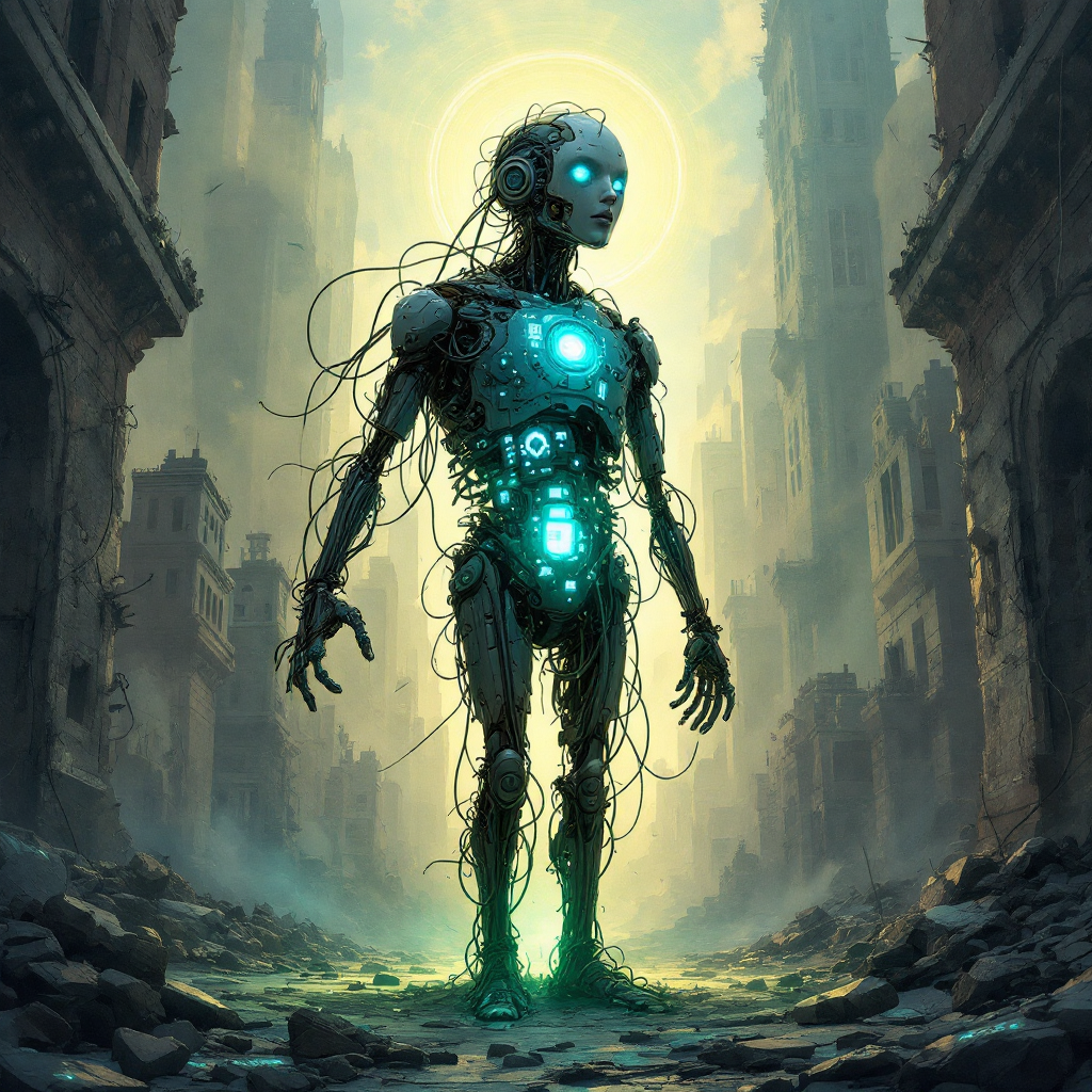 A humanoid robot with glowing parts stands amidst a desolate, ruined cityscape, embodying themes of brokenness and the potential for repair and healing.