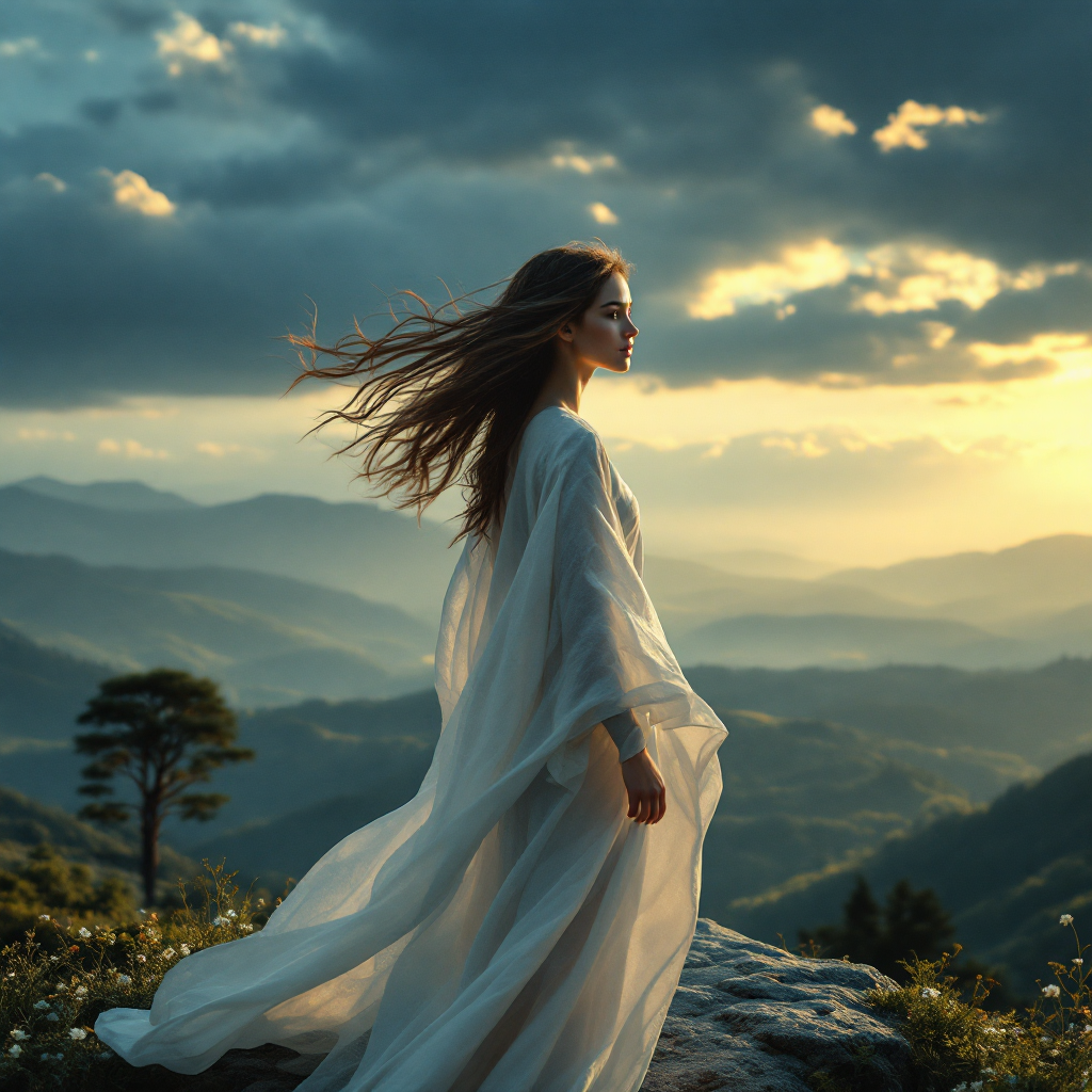 A woman in a flowing white garment stands on a rocky outcrop, gazing at the vast mountains under a dramatic sky, embodying the rewarding journey of self-discovery.