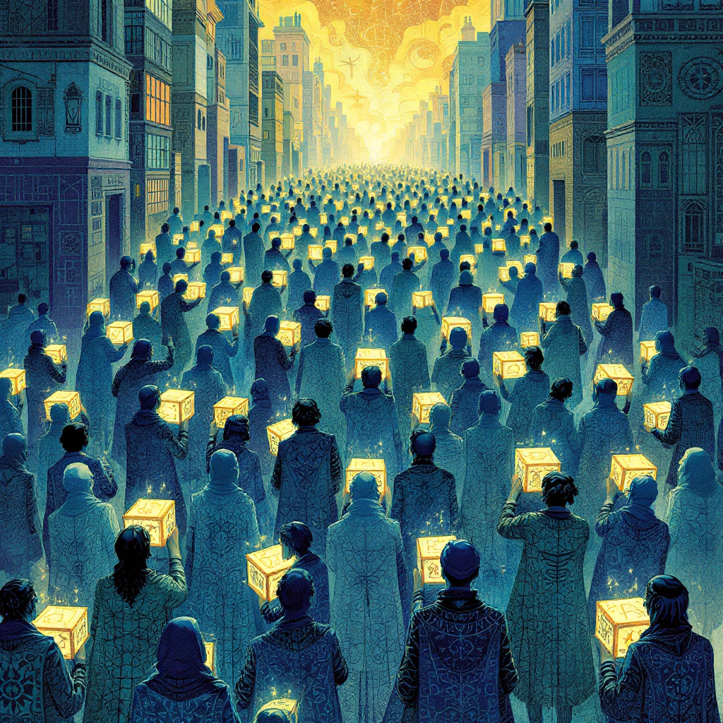 A diverse crowd walks through a vibrant city, each person holding glowing boxes, symbolizing hidden emotions and burdens carried within their hearts.