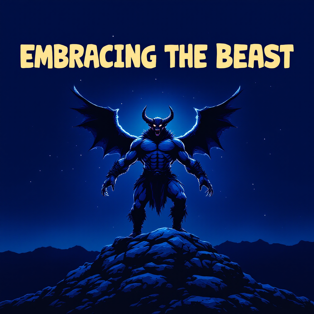 A powerful, muscular figure with wings stands atop a rocky peak against a dark blue sky, symbolizing the quote about embracing the monster within. Text above reads Embracing the Beast.