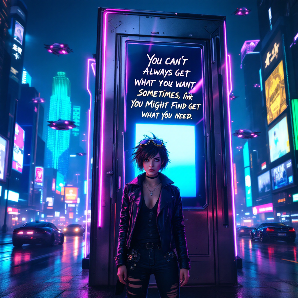 A digital scene showcases a futuristic city at night, featuring a young person in a leather jacket standing near a neon-lit door displaying the quote about desires and needs.