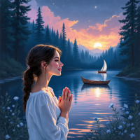 A serene scene depicts a woman with clasped hands, gazing thoughtfully across a tranquil lake at sunset, embodying the journey of recovery and the search for fulfillment.