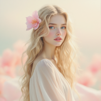 A serene woman with long, flowing hair, adorned with a pink flower, gazes softly into the distance amidst a backdrop of soft pink blossoms, embodying a spirit beyond her beauty.