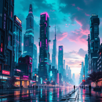 A vibrant, futuristic cityscape at dusk, illuminated by neon lights. Skyscrapers tower against a dramatic sky, reflecting a sense of wonder and the unknown paths not taken.