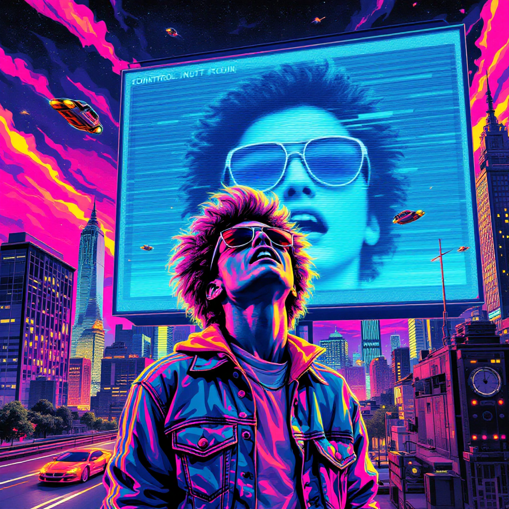 A vibrant cityscape at night features a young man in a retro jacket looking up at a large neon billboard displaying a woman in sunglasses, embodying a struggle for self-control.