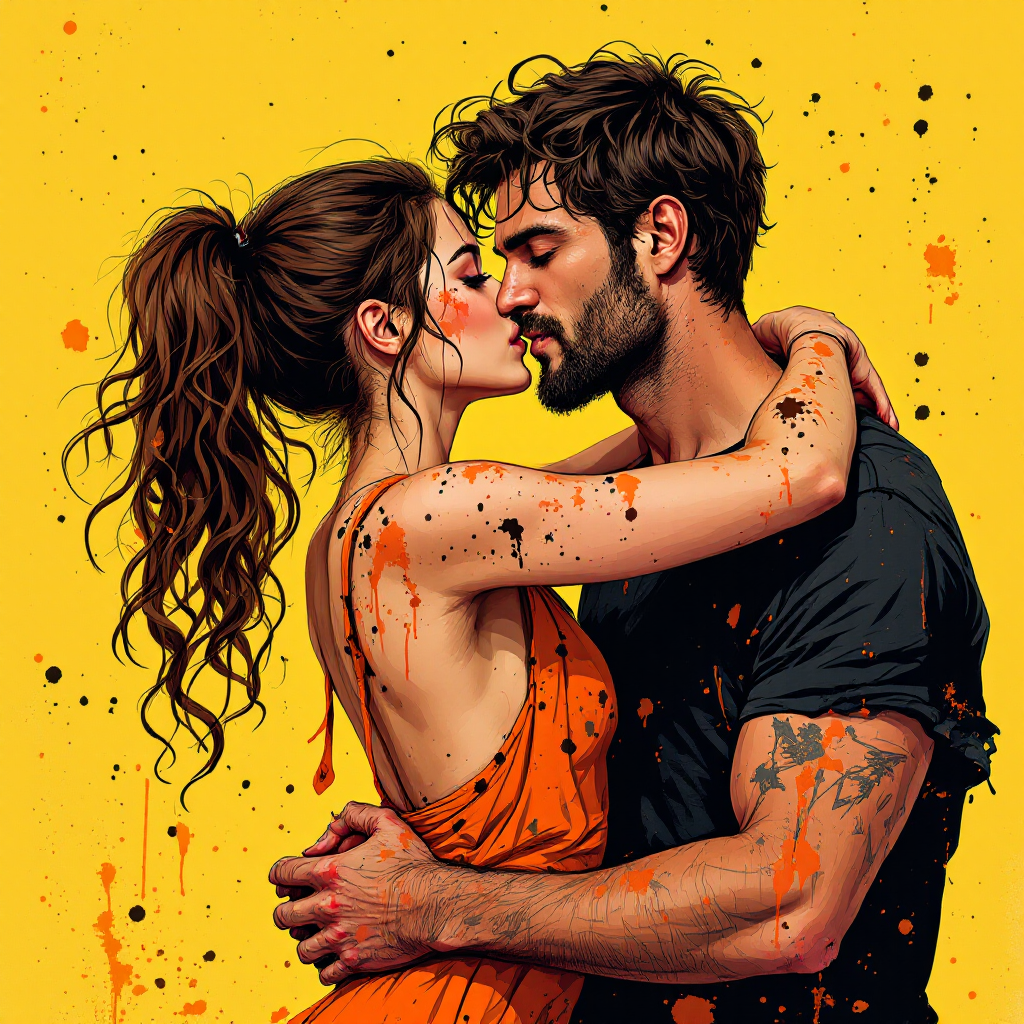 A couple embraces against a bright yellow background, their bodies splattered with colorful paint, embodying the messy and imperfect nature of love.