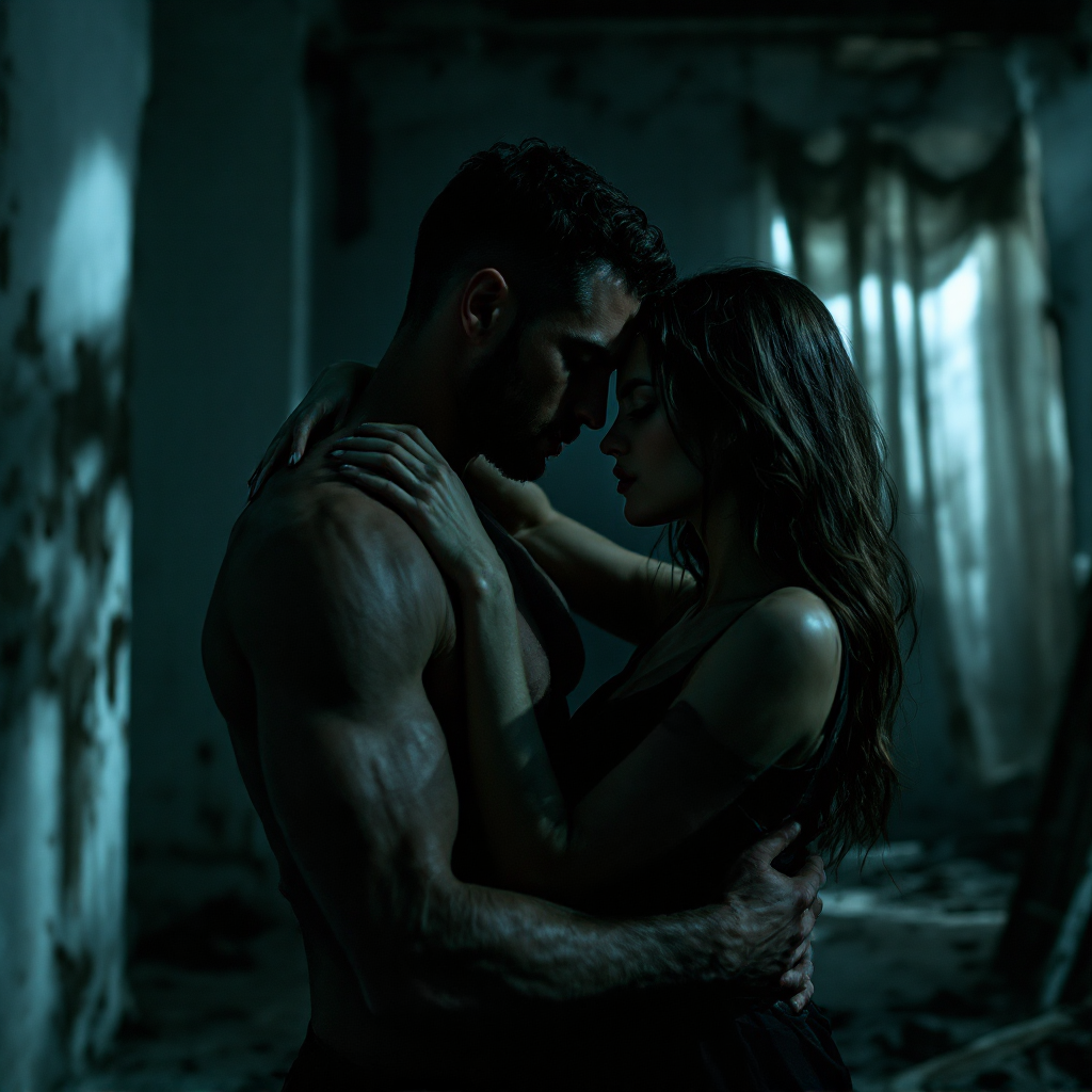 A close embrace between a muscular man and a woman in a dimly lit, decaying room, capturing the layers of intimacy and connection described in the quote about unique stories.