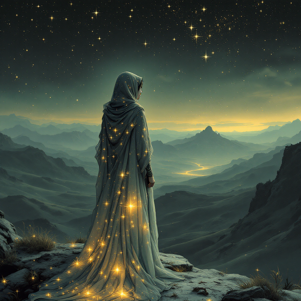 A figure in a flowing cloak stands on a mountain peak, gazing over a vast landscape under a starry sky, embodying the courage to be brave despite fear.