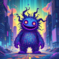 A vibrant, friendly monster with glowing eyes and a textured body stands in a colorful city, embodying the idea from the quote: The world is full of monsters with friendly faces.