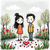 A whimsical illustration of a girl in an orange dress and a boy looking sad, standing on a path scattered with heart-shaped pieces, embodying the quote, “There are no real winners in love, just survivors.”