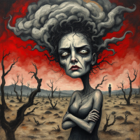 A haunting figure with a stormy, cloud-like hairstyle stands in a barren landscape, embodying the hostility of the universe and personal anguish, reflecting the quote about life and relationships.