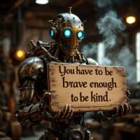 A metallic robot with glowing blue eyes holds a wooden sign that reads, You have to be brave enough to be kind, set in a workshop filled with tools and warm, ambient lighting.