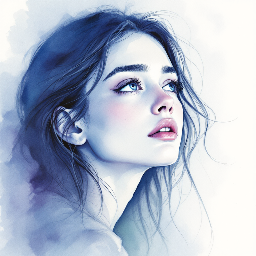 A serene portrait of a young woman with flowing hair and expressive eyes, adorned with soft blue tones, capturing a sense of longing and connection reflecting the quote's sentiment.