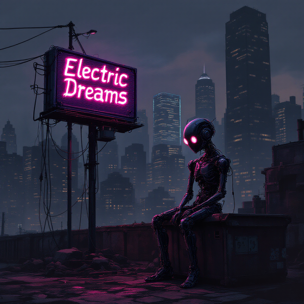 A lone, humanoid figure sits on a rooftop in a neon-lit cityscape, gazing at a glowing sign reading Electric Dreams, embodying the quote about the lives of electric things.