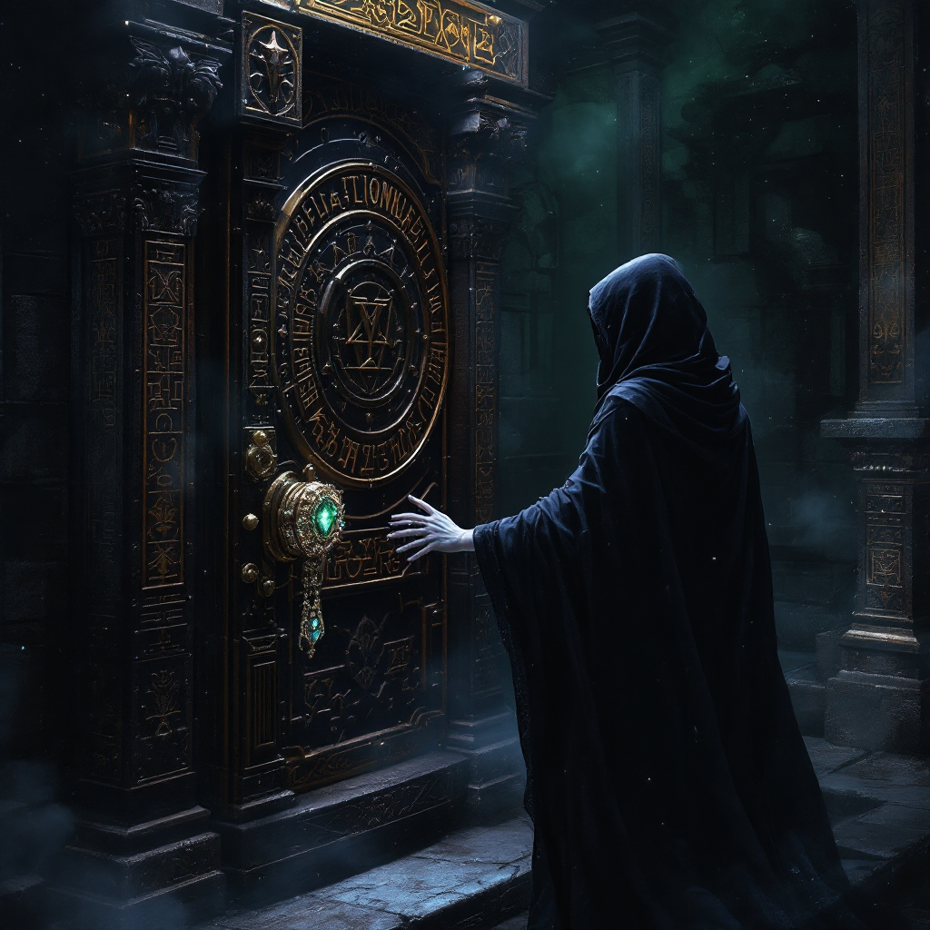 A cloaked figure reaches for an ornate door adorned with mystical symbols, set in a shadowy, atmospheric environment, embodying the quote about confronting the past.