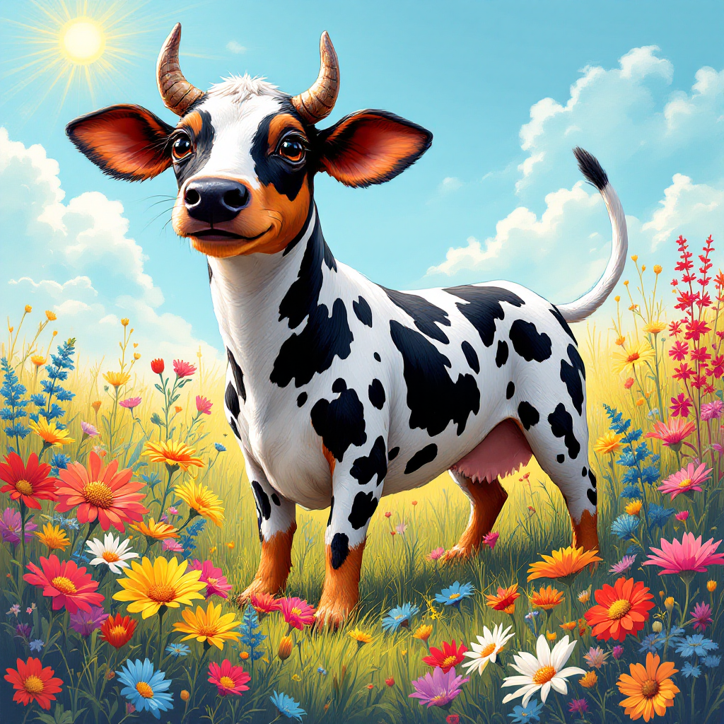 A cheerful cow stands in a vibrant flower-filled meadow under a sunny sky, embodying the essence of reflection on rules and their outcomes.