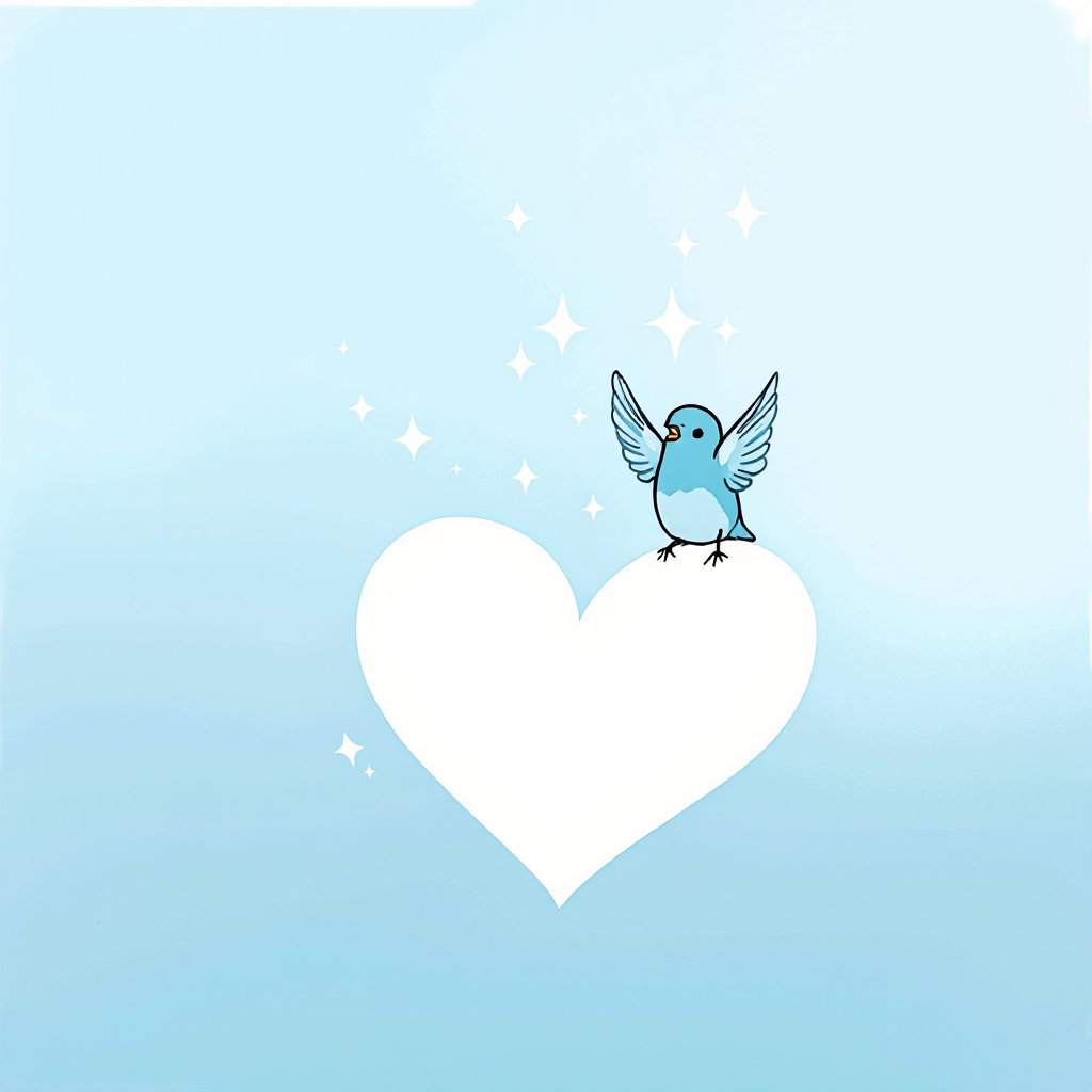 A serene blue background features a small blue bird perched on a white heart, symbolizing hope and joy, inspired by Emily Dickinson's quote about hope in the soul.