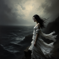 A figure in a flowing white dress stands on a cliff, facing a turbulent sea under a dramatic, cloudy sky, embodying the sacrifice often needed for true understanding.