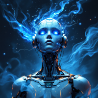 A futuristic humanoid robot with glowing blue eyes and headphones, surrounded by swirling electric blue energy, representing the exploration of limits and potential.