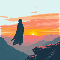 A cloaked figure stands on a rocky outcrop, gazing towards a vibrant sunset over a mountain landscape, embodying the essence of loyalty as highlighted in the quote.