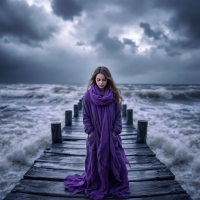 A girl stands on a weathered pier, wrapped in a flowing purple scarf, as turbulent waves crash around her under a stormy sky, symbolizing kindness as an anchor in chaos.