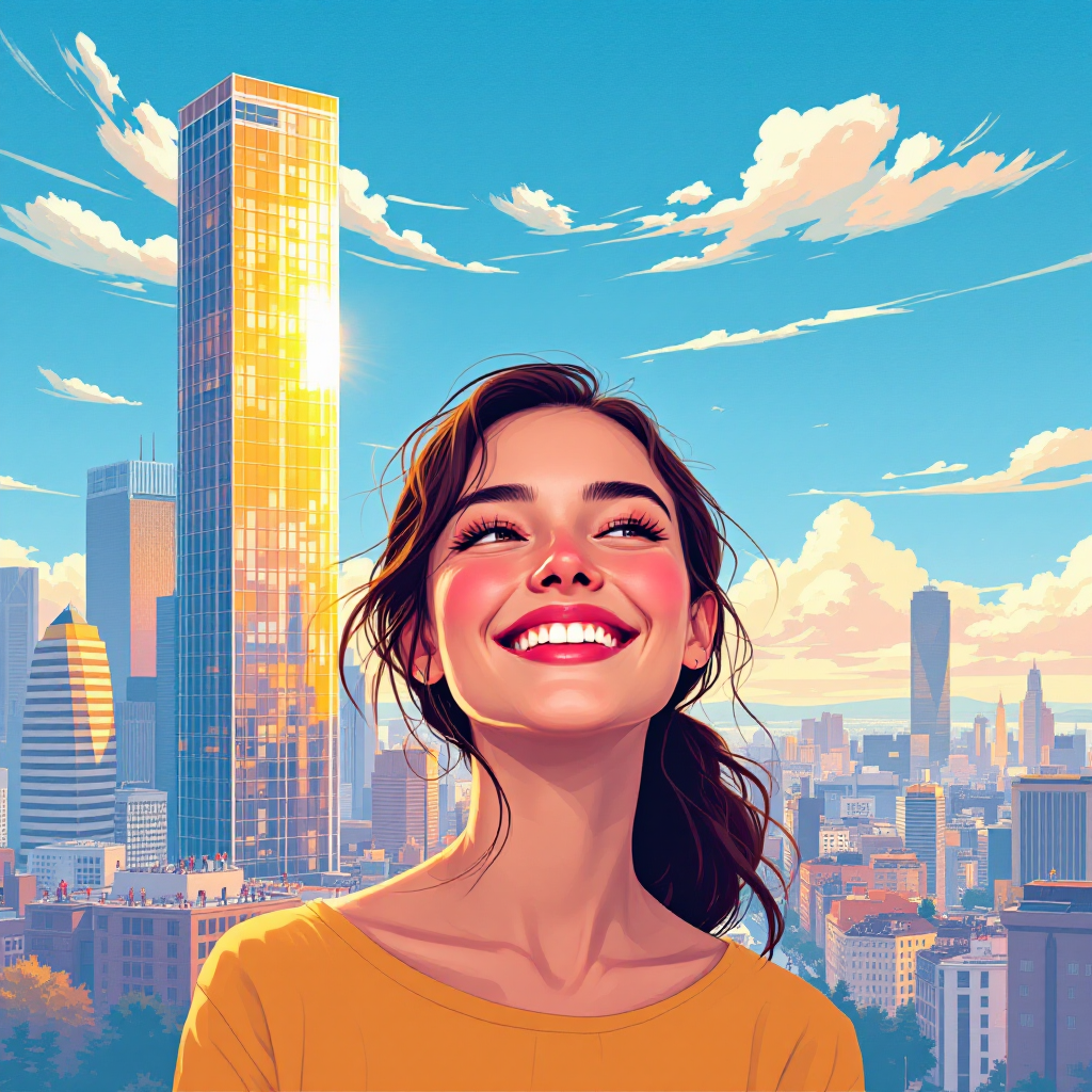 A young woman smiles joyfully in front of a vibrant city skyline, the shining buildings reflecting a newfound sense of belonging and the warmth of home.