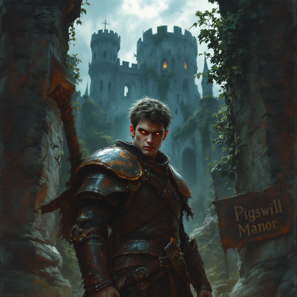 A brooding warrior in armor stands before a dark, imposing castle, with a sign reading Pigswill Manor, capturing the essence of a tale about a notorious ancestor.