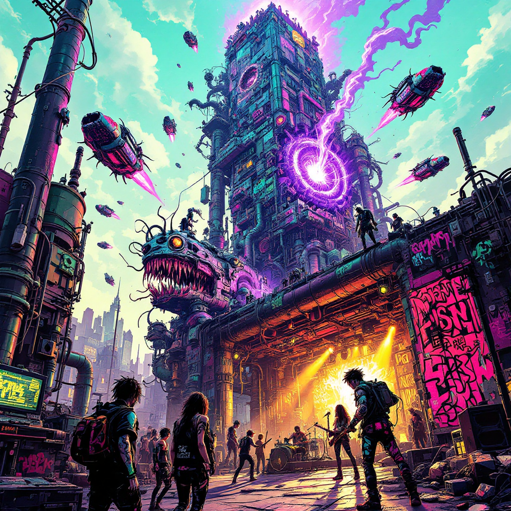 A vibrant, futuristic cityscape filled with eclectic structures, holographic elements, and fantastical creatures, capturing the essence of a dreamlike virtual world where anything is possible.