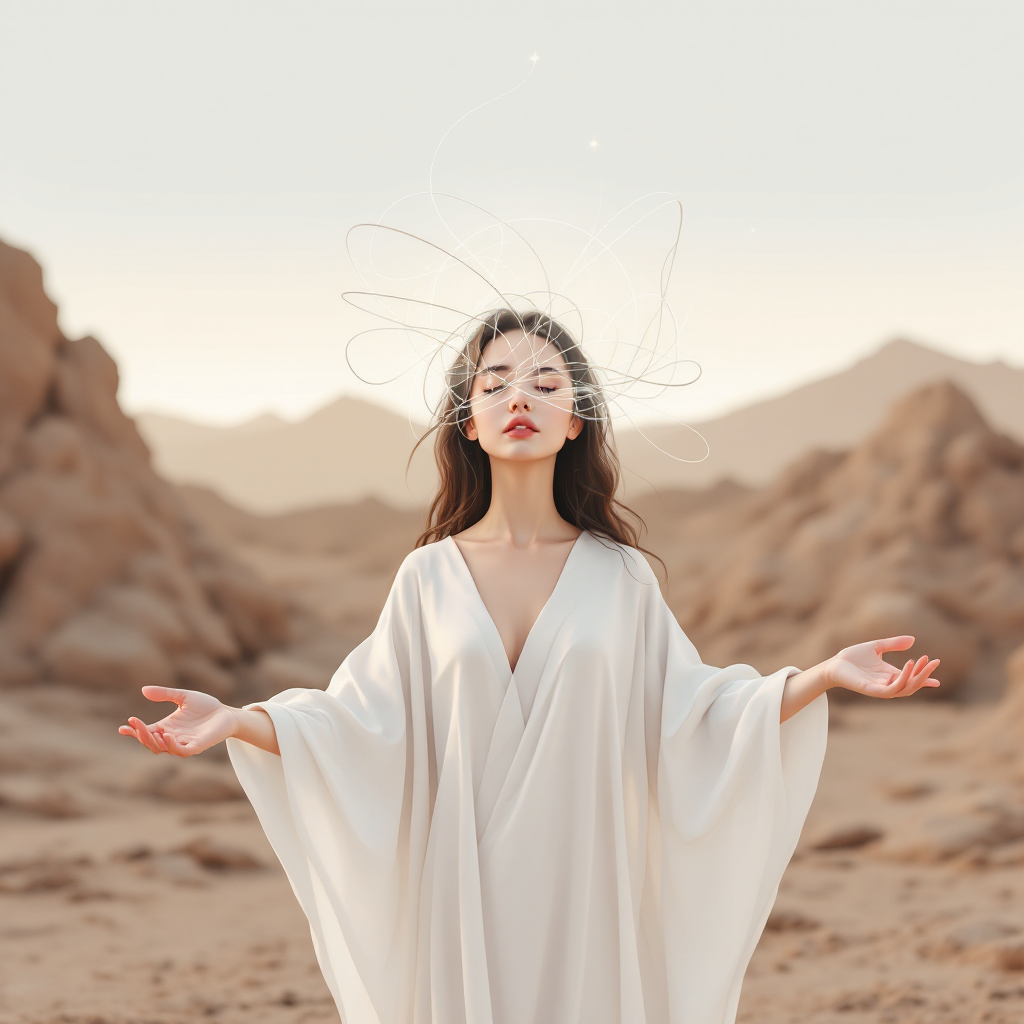 A serene figure in a flowing white robe stands in a desert landscape, arms outstretched, embodying the quote about embracing the difference between wants and needs.